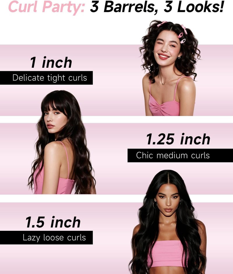 TSUYAGLA 3 in 1 Automatic Curling Iron, Hair Curlers with 3 Curling Barrels (1" - 1.25" - 1.5"), Rotating Curling Iron with 3 Temp, 2-Way Rotation, 10S Fast Heating, Anti-Scald, Dual Voltage, Pink - Image 2